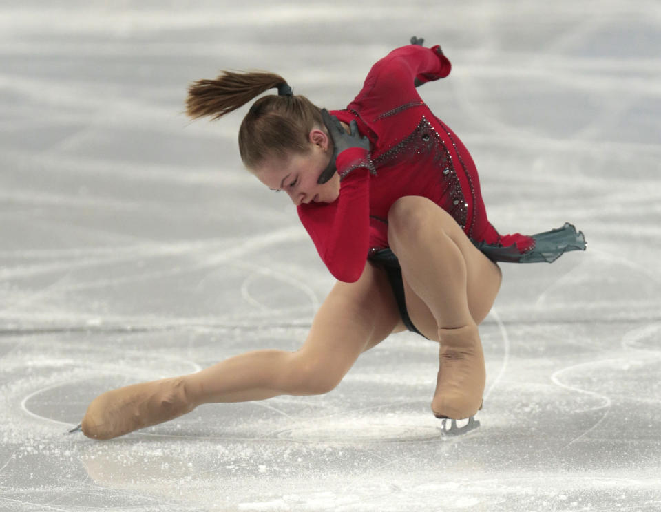 Julia Lipnitskaia of Russia competes in the women's team free skate figure skating competition at the Iceberg Skating Palace during the 2014 Winter Olympics, Sunday, Feb. 9, 2014, in Sochi, Russia. (AP Photo/Ivan Sekretarev)