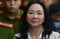 Business woman Truong My Lan attends a trial in Ho Chi Minh City, Vietnam on Thursday, April 11, 2024. The real estate tycoon may face the death penalty if convicted of allegations that she siphoned off an amount of $12.5 billion, nearly 3 percent of Vietnam's 2022 GDP, in its largest financial fraud case. (Thanh Tung/VnExpress via AP)