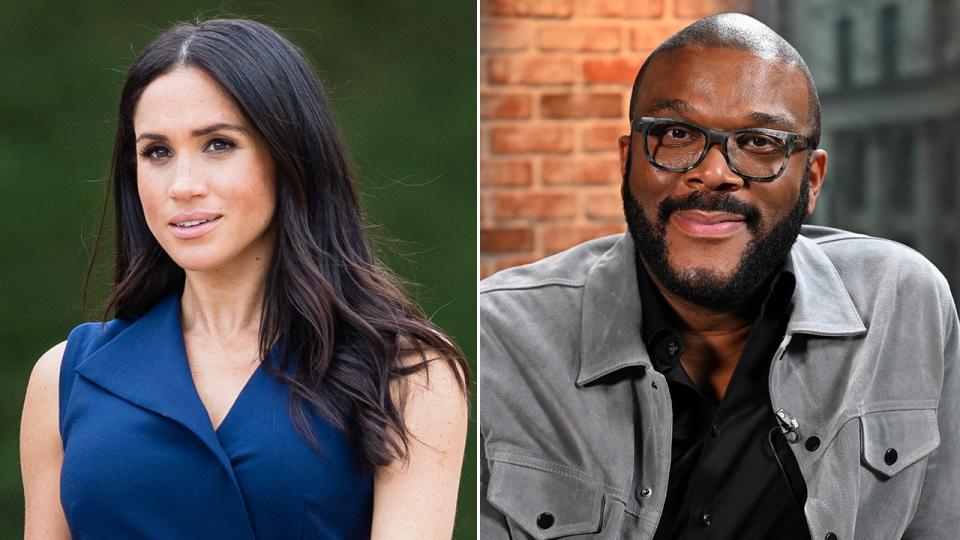 a split side-by-side image of Meghan Markle and Tyler Perry