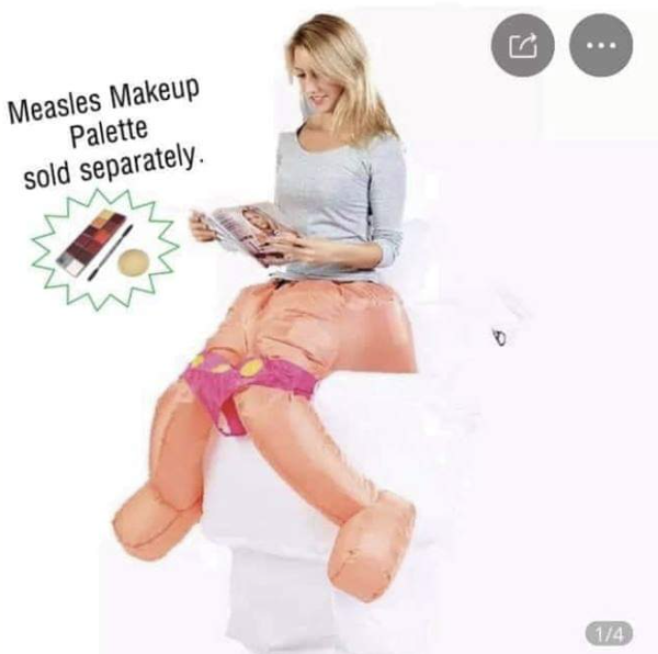 woman in anti-vaxxer/ivermectin costume with inflatable toilet and legs that show she's pooping