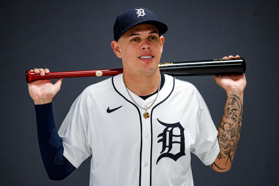 Tigers infielder Gio Urshela poses for a photo during picture day at TigerTown in Lakeland, Florida. on Friday, Feb. 23, 2024.