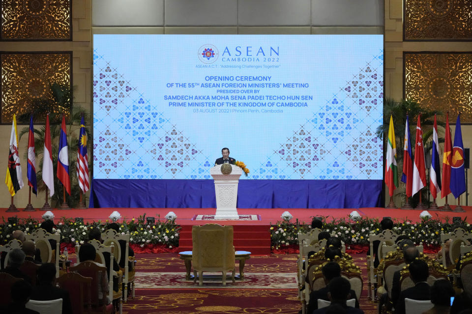 Cambodian Prime Minister Hun Sen delivers the opening speech for the 55th ASEAN Foreign Ministers' Meeting (55th AMM) at a hotel in Phnom Penh, Cambodia, Wednesday, Aug. 3, 2022. Southeast Asian foreign ministers are gathering in the Cambodian capital for meetings addressing persisting violence in Myanmar and other issues, joined by top diplomats from the United States, China, Russia and other world powers amid tensions over the invasion of Ukraine and concerns over Beijing's growing ambitions in the region. (AP Photo/Vincent Thian)