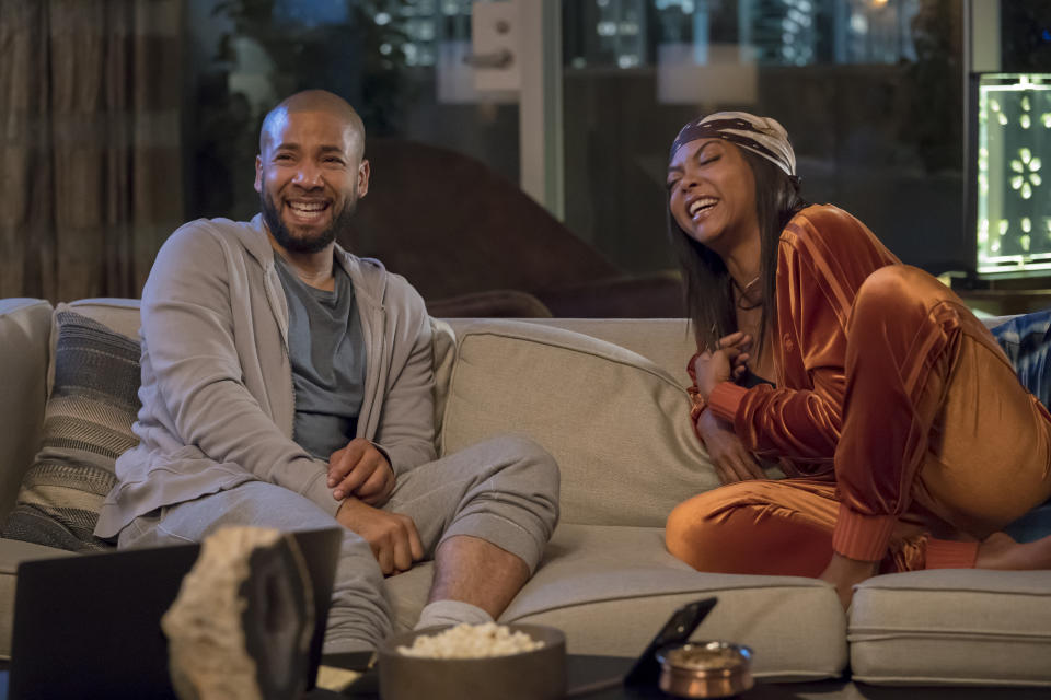 This image released by Fox shows Jussie Smollett, left, and Taraji P. Henson in a scene from the "The Depth of Grief" episode of "Empire," originally airing on Oct. 31, 2018. Smollett’s co-starring role in “Empire” may end up being the pinnacle of his career, industry observers and insiders said as the actor faces criminal charges that he faked a hate crime against himself. (Chuck Hodes/FOX via AP)