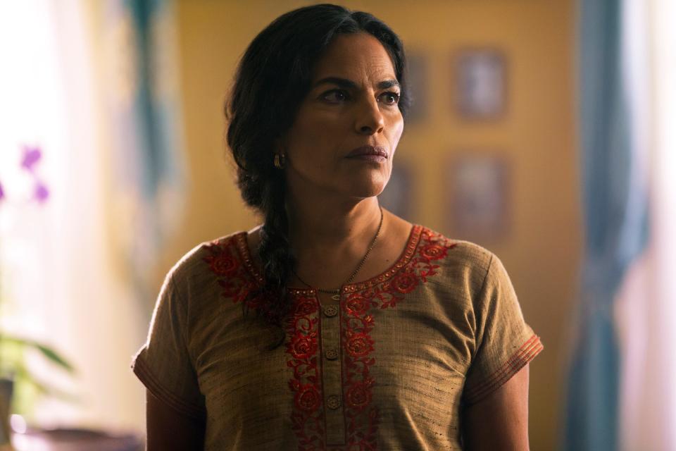 Sarita Choudhury plays a mom who's sure her daughter's new boyfriend is connected to her own dark past in the Blumhouse thriller "Evil Eye."