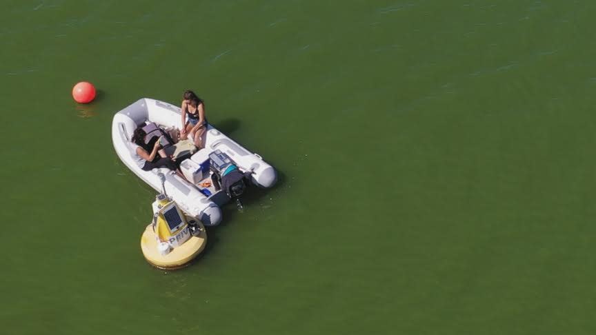 A buoy is equipped with equipment to monitor Buffalo Pound Lake. (USask/Global Water Futures Observatories - image credit)