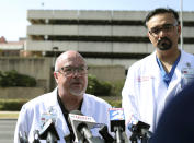 <p>Chief Nursing Officer Dr. David Marshall, left, and Chief Medical and Clinical Officer Dr. Gulshan Sharma give an update on the patients from the Santa Fe High School shooting at the John Sealy Hospital at the University of Texas Medical Branch in Galveston, Texas on Friday, May 18, 2018. (Photo: Kelsey Walling /The Galveston County Daily News via AP) </p>