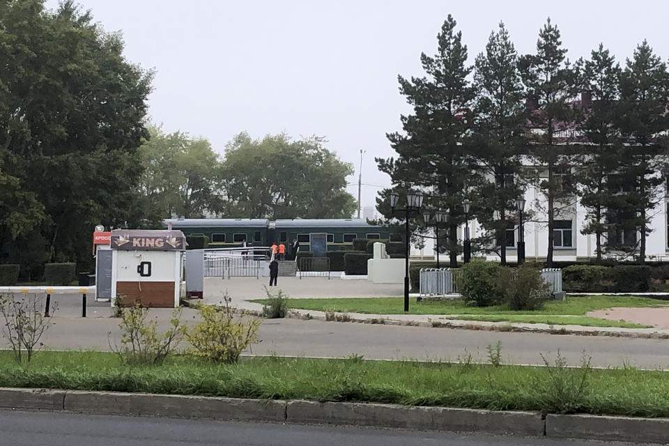 The special train of North Korea's leader Kim Jong Un is seen at the railway station upon his arrival by in Komsomolsk-on-Amur, about 6200 kilometers (3,900 miles) east of Moscow, in the Russian Far Eastern Amur region, on Friday, Sept. 15, 2023. (AP Photo)