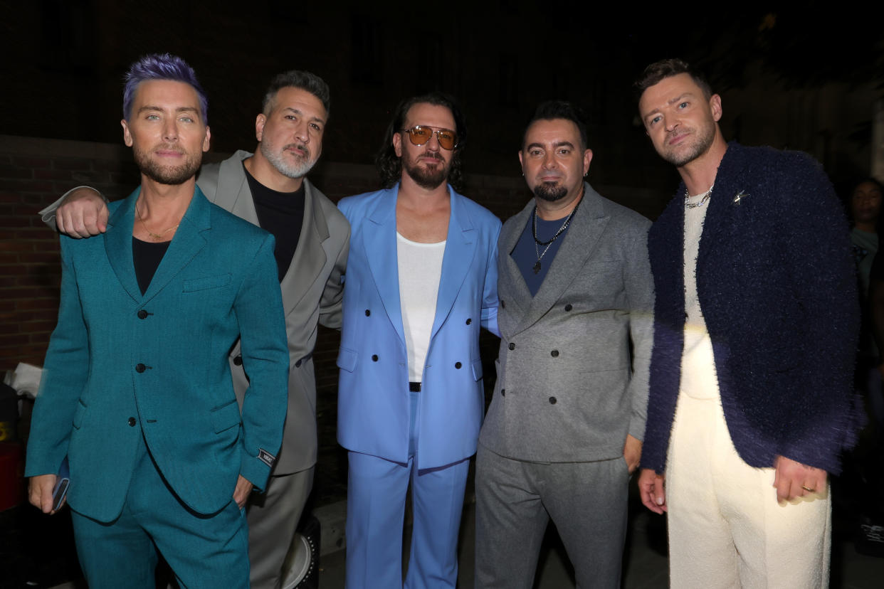 NEWARK, NEW JERSEY - SEPTEMBER 12: (L-R) Lance Bass, Joey Fatone, JC Chasez, Chris Kirkpatrick and Justin Timberlake of NSYNC attend the 2023 MTV Video Music Awards at Prudential Center on September 12, 2023 in Newark, New Jersey. (Photo by Kevin Mazur/Getty Images for MTV)