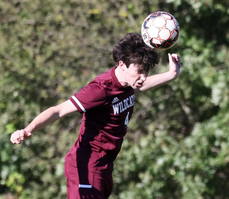 West Bridgewater's Ryan McGrath heads the soccer ball away during a game versus Bishop Connolly on Tuesday, Sept. 27, 2022.