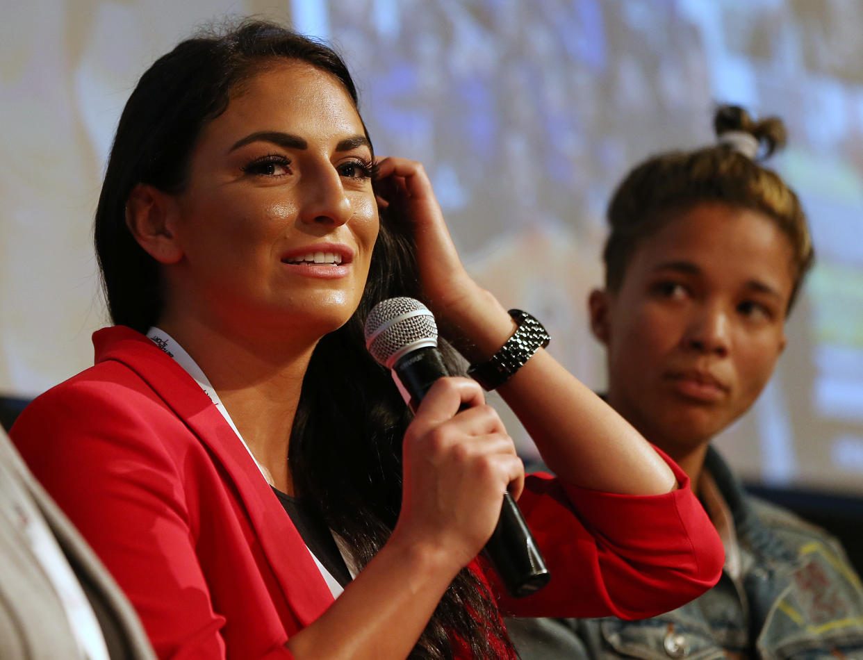 Sonya Deville talks during a news conference. 