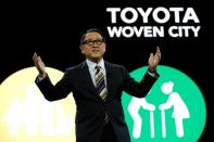 Akio Toyoda, president of Toyota Motor Corporation, speaks at a news conference, where he announced Toyota's plans to build a prototype city of the future on a 175-acre site at the base of Mt. Fuji in Japan, during the 2020 CES in Las Vegas