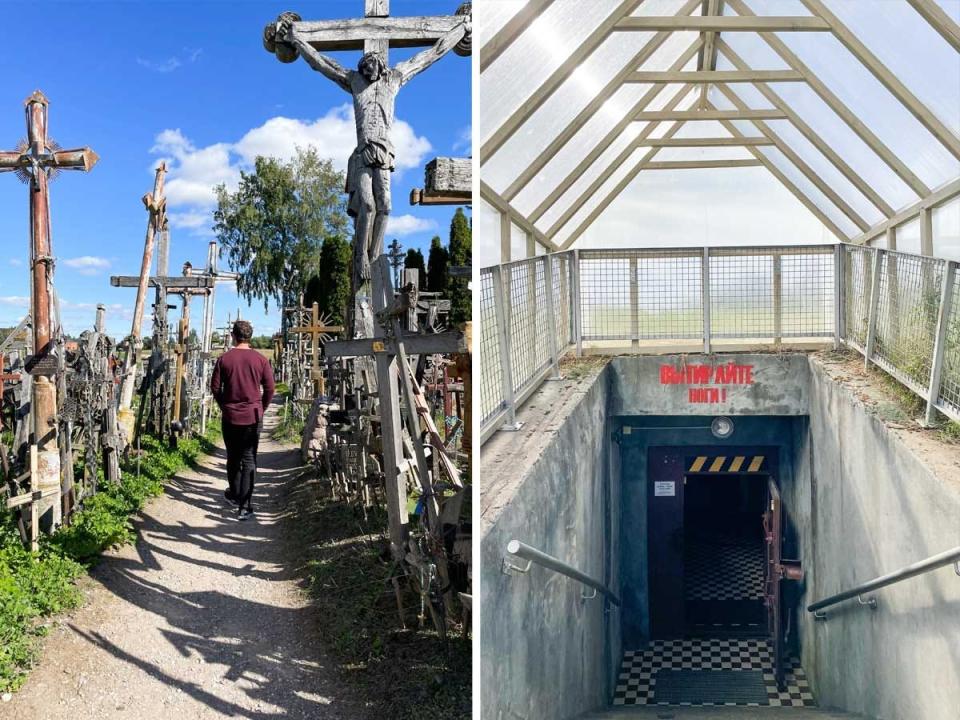 Side by side images of a man walking through several crosses and a tunnel leading underground.
