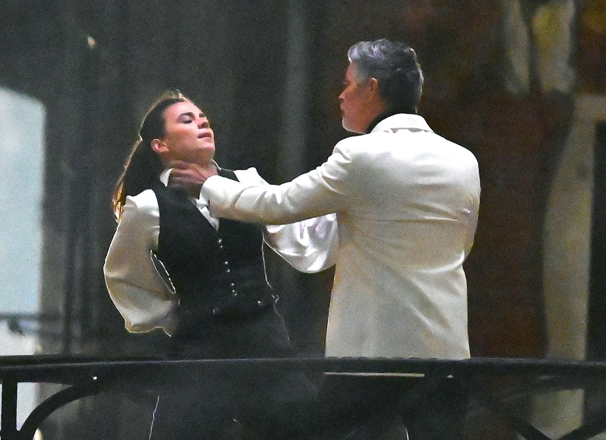 Actors Hayley Atwell and Esai Morales film a fight scene over a bridge in Venice, Italy for the upcoming "Mission Impossible 7" on Nov. 9, 2020.