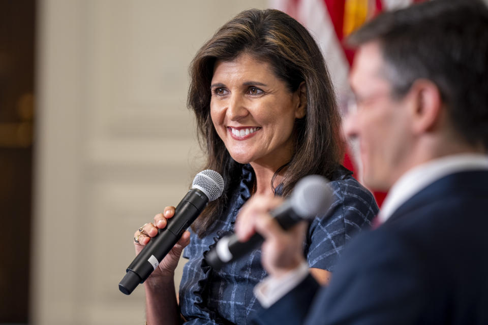 Republican presidential candidate Nikki Haley speaks at American Enterprise Institute, Tuesday, June 27, 2023, in Washington. Haley is criticizing former President Donald Trump for being too friendly to China during his time in office while also warning that weak support for Ukraine would “only encourage” China to invade Taiwan. Haley said in a speech at the American Enterprise Institute on Tuesday that Trump was “almost singularly focused” on the U.S.-China trade relationship but ultimately did “too little about the rest of the Chinese threat.” (AP Photo/Andrew Harnik)