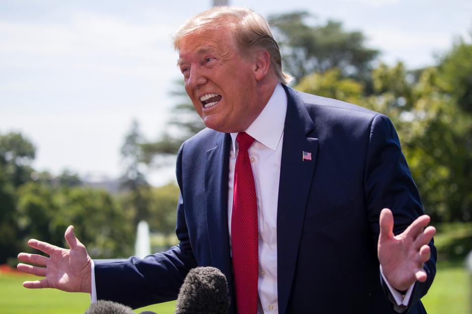 President Donald Trump speaks on the South Lawn of the White House, Wednesday, Aug. 21, 2019, in Washington.