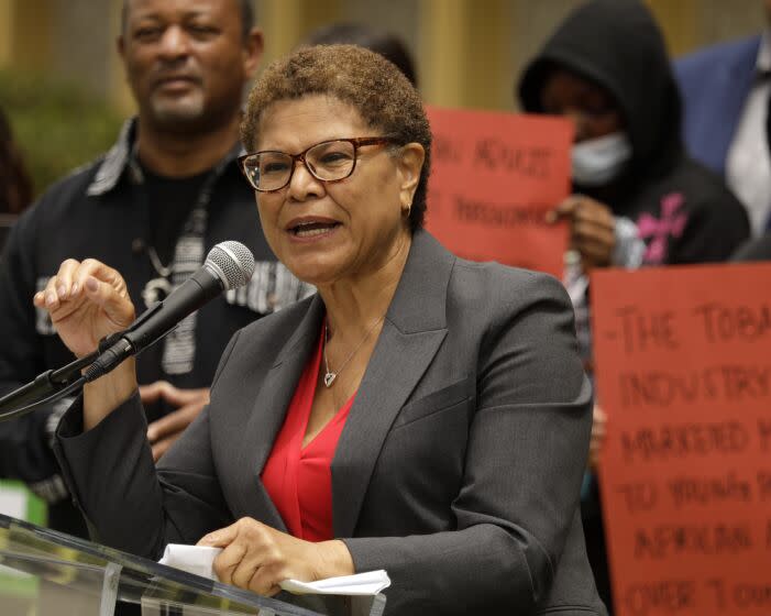 LOS ANGELES, CA - MAY 20, 2022 - - Rep. Karen Bass, a Los Angeles mayoral candidate, answers questions for the media at a news conference with the Black Leaders Against Tobacco Injustice Campaign to Protect California Kids at Crenshaw High School in Los Angeles on May 20, 2022. Bass, educators and religious dignitaries joined Crenshaw High School students calling on Californians to vote ``yes'' on a November ballot measure that would ban the sale of menthol cigarettes and other candy- flavored nicotine products.(Genaro Molina / Los Angeles Times)