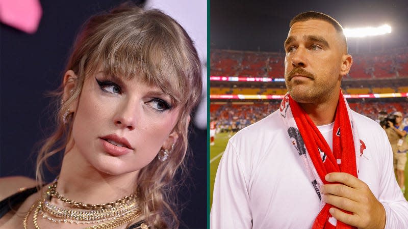 A photo of Taylor Swift next to another of Travis Kelce. 