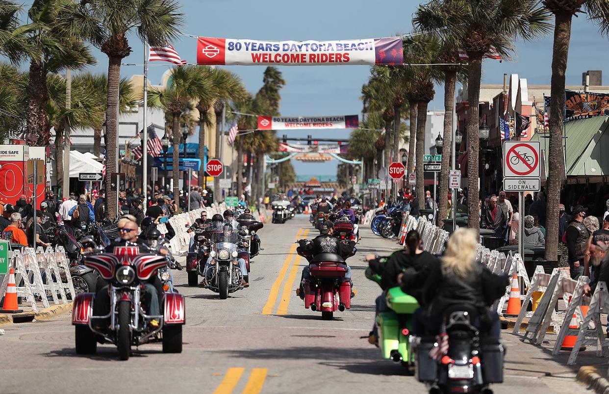 Bikers crowd Main Street during Bike Week in Daytona Beach on Monday, March 8, 2021. (Stephen M. Dowell/Orlando Sentinel)