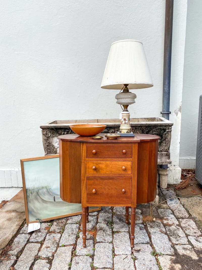 Vintage wood night stand with 3 drawers and thin legs, thrift art, vintage milk glass table lamp