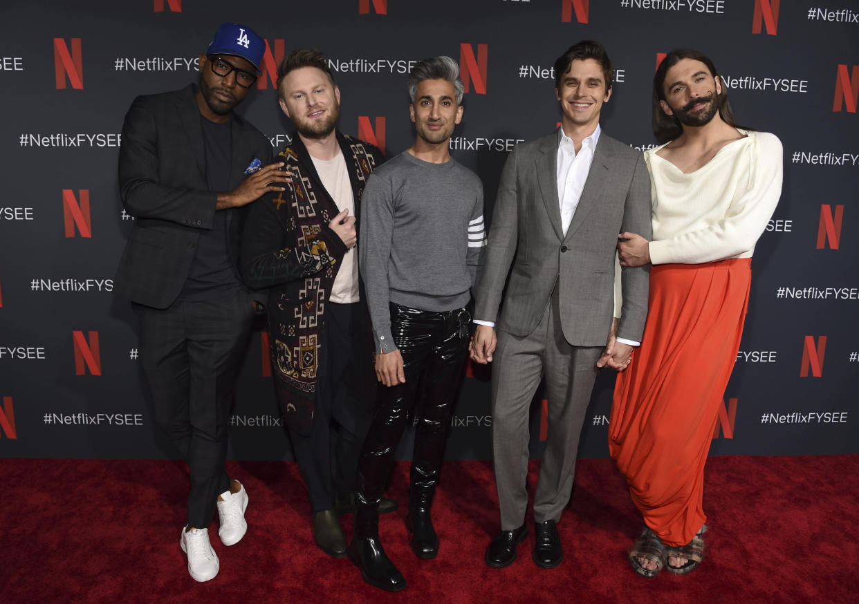 Tan France (centre), joins his Queer Eye co-stars Karamo Brown, Bobby Berk, Antoni Porowski and Jonathan Van Ness on the red carpet at a For Your Consideration event for "Queer Eye" at Raleigh Studios on Thursday, May 16, 2019, in Los Angeles. (Photo by Chris Pizzello/Invision/AP)