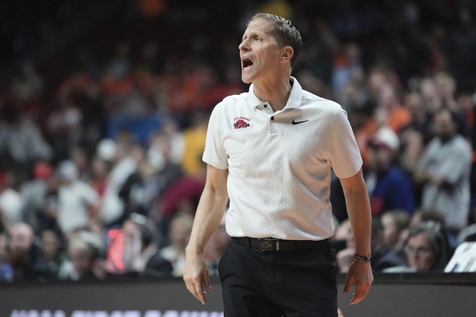 Arkansas head coach Eric Musselman reacts during the second half of a first-round college basketball game in the NCAA Tournament Thursday, March 16, 2023, in Des Moines, Iowa. (AP Photo/Morry Gash)