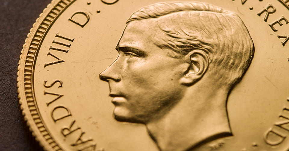 The Royal Mint's photo of a rare Edward VIII Sovereign coin, featuring the Queen's uncle before he abdicated, which has been bought for £1 million, setting a new record for the sale of a British coin. Photo: PA/Royal Mint