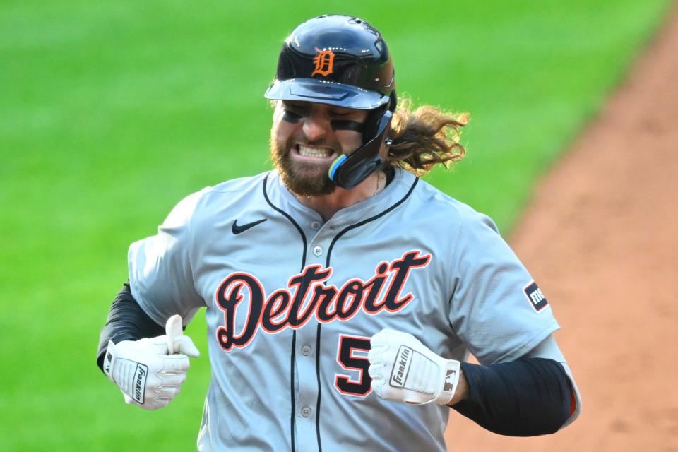 Detroit Tigers right fielder Ryan Vilade (50) celebrates his two-RBI single in the third inning against the Cleveland Guardians at Progressive Field in Cleveland on Tuesday, May 7, 2024.