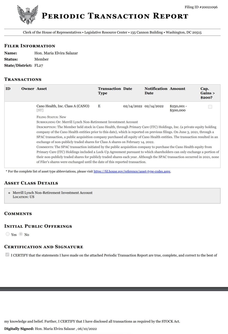 A periodic transaction report filed June 10 by Rep. Maria Elvira Salazar, a Republican from Florida.