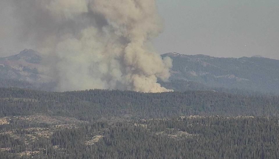 Smoke from the Royal Fire is seen in Tahoe National Forest near Soda Springs on Sunday, July 7, 2024.