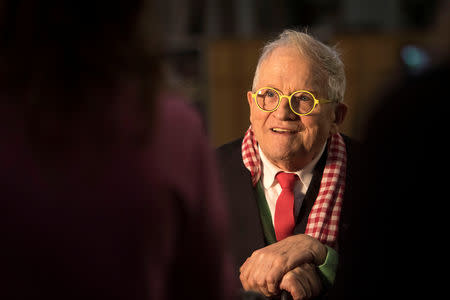 British artist David Hockney poses inside Westminster Abbey, where he has designed a new stained glass window, in London, Britain, September 26, 2018. Victoria Jones/Pool via REUTERS/File Photo