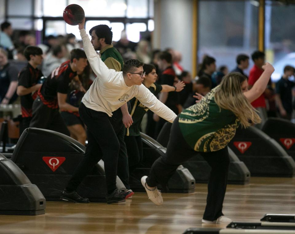 Joe Dominguez of Freehold Township warms up for the match. Shore Conference Individual Bowling Championships takes place at Ocean Lanes.   Brick, NJThursday, February 9, 2023