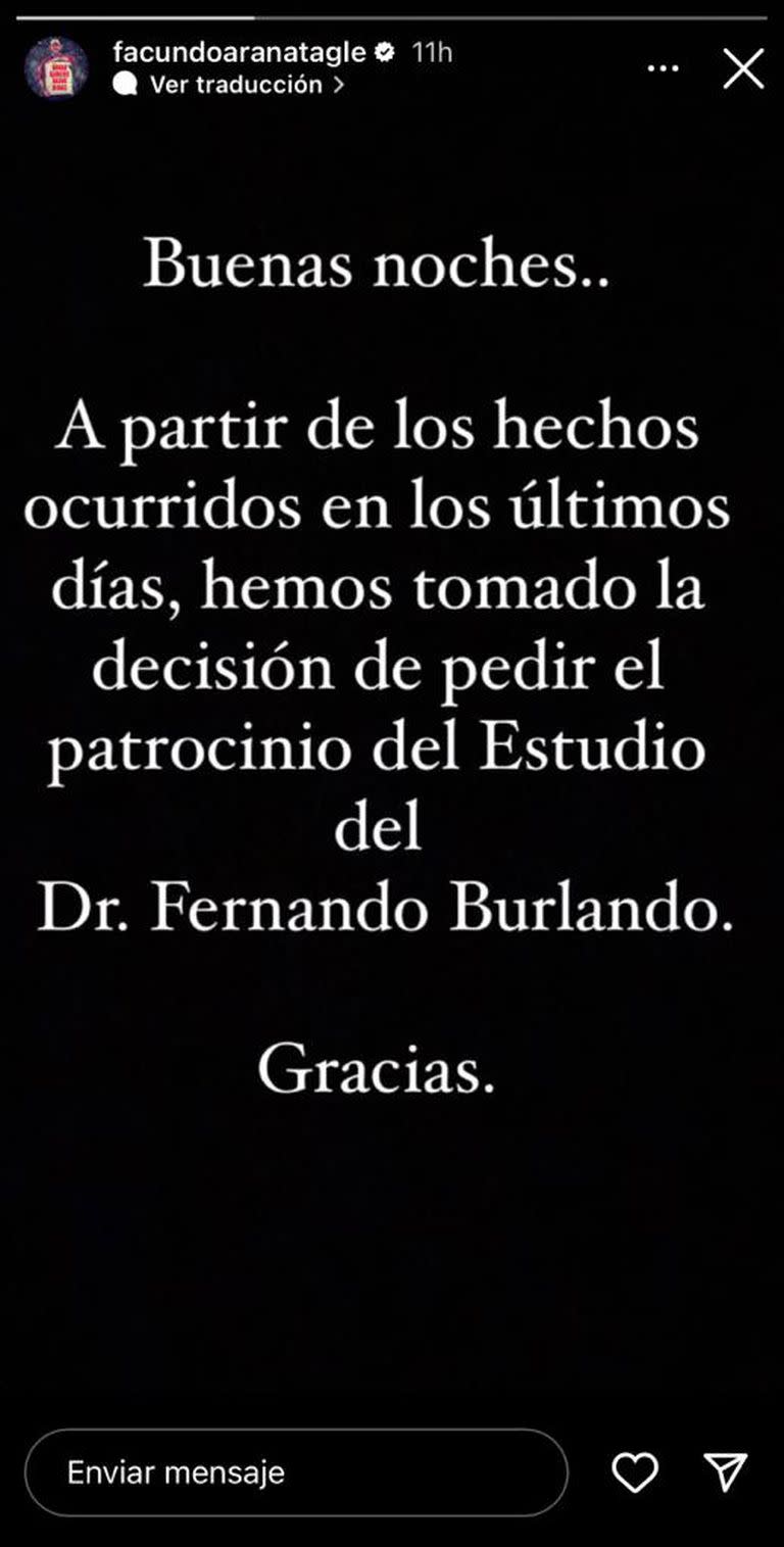 Facundo Arana confirmó que Fernando Burlando será su representante legal (Foto: Instagram @facundoaranatagle)