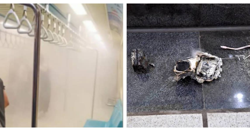 台北捷運中和新蘆線20日下午5時許傳出火警，北捷說明起火原因，確認為旅客攜帶的行動電源冒煙。（圖／翻攝自Dcard、台北捷運公司提供）
