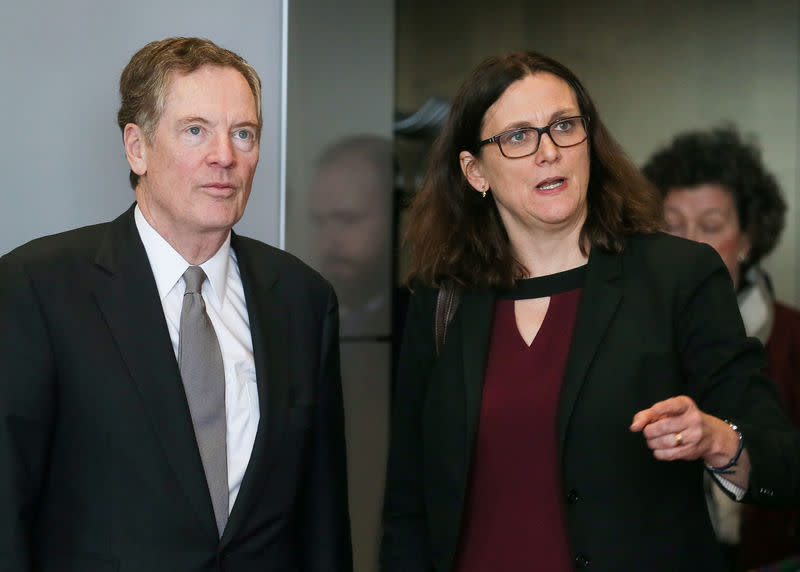 FILE PHOTO: U.S. Trade Representative Robert Lighthizer and European Trade Commissioner Cecilia Malmstrom take part in a meeting in Brussels, Belgium, March 10, 2018. REUTERS/Stephanie Lecocq/Pool/File Photo