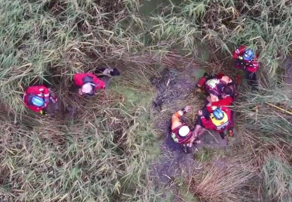 <em>Spotted – Peter Pugh was spotted stuck in marshes by a police drone (Picture: PA)</em>