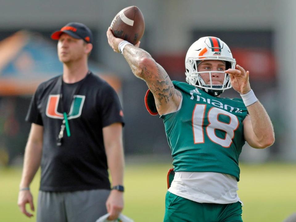 Miami Hurricanes quarterback Tate Martell (18) passes during practice drills at the University of Miami’s Greentree Field in Coral Gables on Thursday, March 5, 2020.