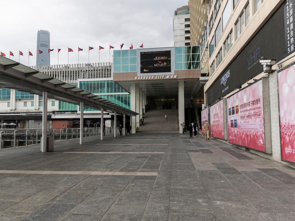 A quiet scene outside of the quiet and empty Harbour City shopping Mall   one of the Hong Kong's premier shopping destinations