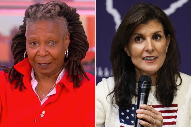 <p>ABC; Sam Wolfe/Bloomberg via Getty</p> Whoopi Goldberg on 'The View'; Nikki Haley