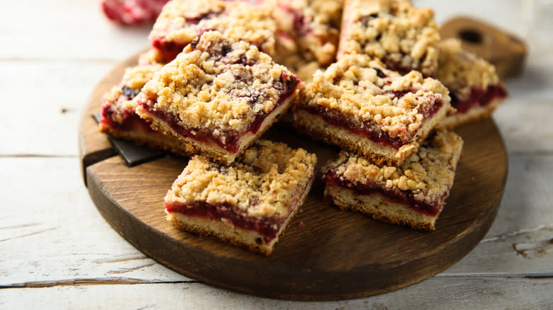 Streusel bars on wooden surface