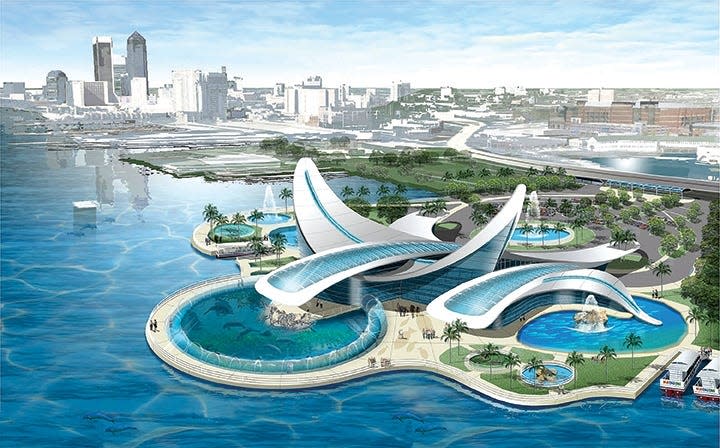 This is a rendering by AquaJax, the nonprofit pushing for a Downtown aquarium, that shows how a potential facility would look during the daytime hours.