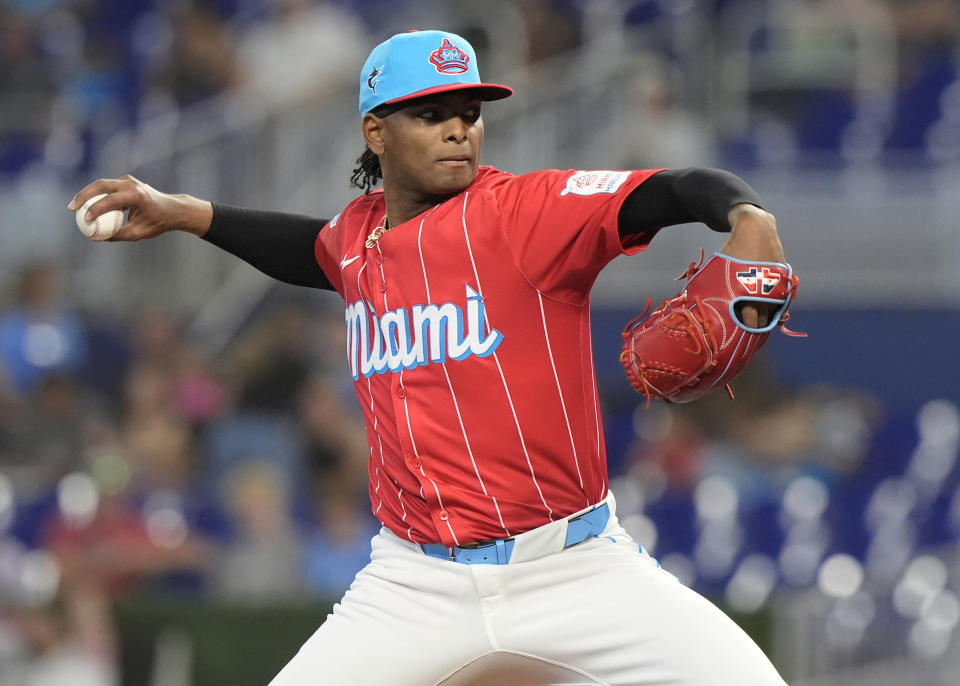Miami Marlins starting pitcher Edward Cabrera throws during the first inning of a baseball game against the Washington Nationals, Saturday, April 27, 2024, in Miami. (AP Photo/Marta Lavandier)