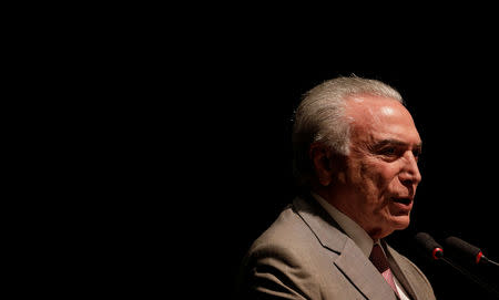 FILE PHOTO: Brazil's President Michel Temer attends the ceremony for the inauguration of the new President of the Brazilian National Development Bank (BNDES) Dyogo Henrique de Oliveira, in Rio de Janeiro, Brazil April 9, 2018. REUTERS/Ricardo Moraes