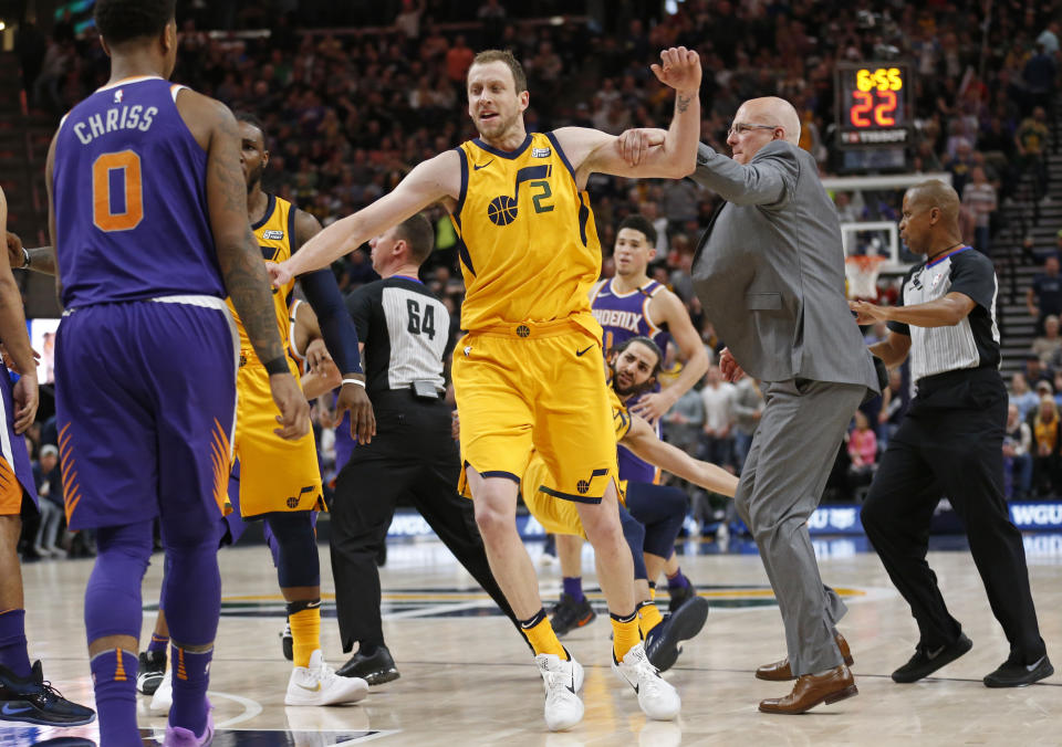 Utah’s Joe Ingles steps to the Suns’ Marquese Chriss during Thursday’s incident. (AP)