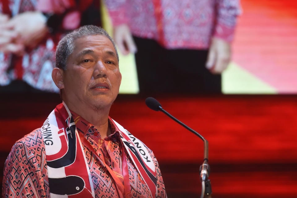 PBB senior vice president Datuk Sri Fadillah Yusof speaking at PBB special mini-convention for the southern zone at the Borneo Convention Centre Kuching (BCCK) October 25, 2020. — Picture courtesy of Sarawak Public Communications Unit (Ukas)