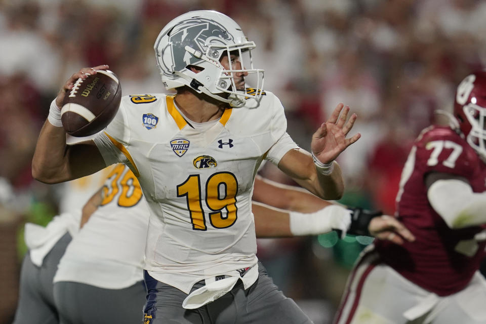 FILE - Kent State quarterback Collin Schlee throws a pass during the second half of the team's NCAA college football game against Oklahoma, Sept. 10, 2022, in Norman, Okla. Schlee, now at UCLA, made the decision to enter the transfer portal after Kent State coach Sean Lewis left to become Deion Sanders' offensive coordinator at Colorado. (AP Photo/Sue Ogrocki, File)