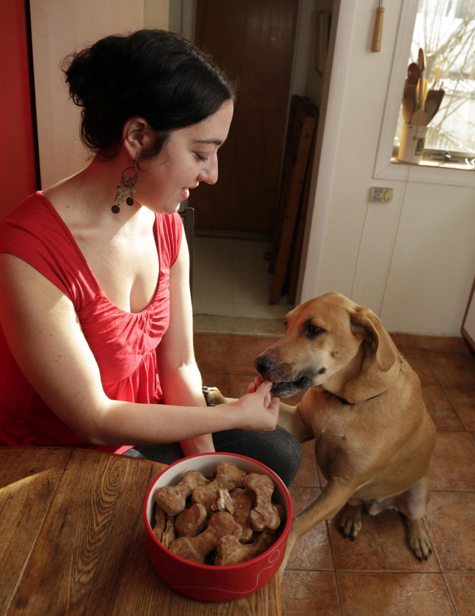 In this Saturday, Dec. 15, 2012 photo, New York pet columnist for the magazine "Everyday with Rachael Ray," Sarah Zorn gives her dog Rowdy one of her gingerbread holiday dog biscuits, during a photo session in her home in Brooklyn, N.Y. Zorn also creates and tests most of the pet recipes the magazine runs. (AP Photo/Richard Drew)