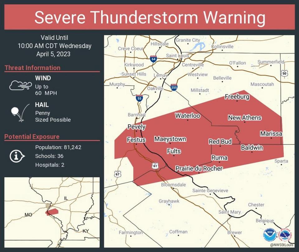 Heavy rains and thunderstorms hit the metro-east Wednesday morning. Meanwhile, parts of Monroe, Randolph and St. Clair counties remain under a thunderstorm warning until 10 a.m.