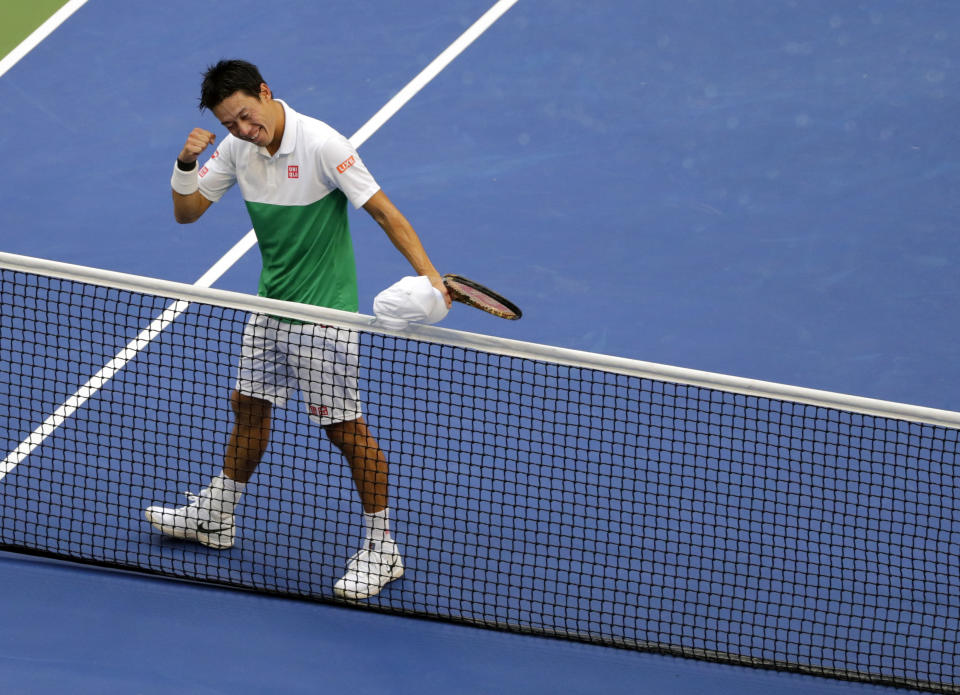 Kei Nishikori, of Japan, celebrates after defeating Marin Cilic, of Croatia, during the quarterfinals of the U.S. Open tennis tournament, Wednesday, Sept. 5, 2018, in New York. (AP Photo/Frank Franklin II)