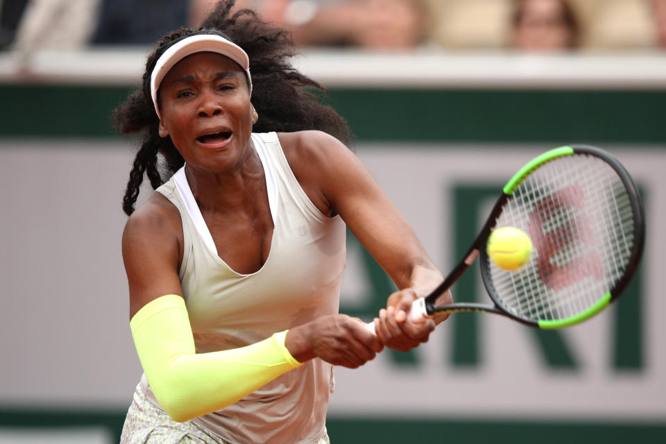 Venus Williams of The United States plays a backhand in her ladies singles first round match against Elina Svitolina of Ukraine during Day one of the 2019 French Open at Roland Garros on May 26, 2019 in Paris, France. (Photo by Adam Pretty/Getty Images)