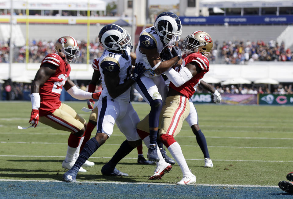 Los Angeles Rams wide receiver Robert Woods (17) score a a touchdown against the San Francisco 49ers during the first half of an NFL football game Sunday, Oct. 13, 2019, in Los Angeles. (AP Photo/Alex Gallardo)
